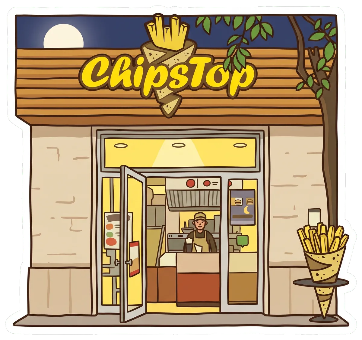 Il locale di ChipsTop disegnato: l'insegna col cono sopra la vetrina, di sera